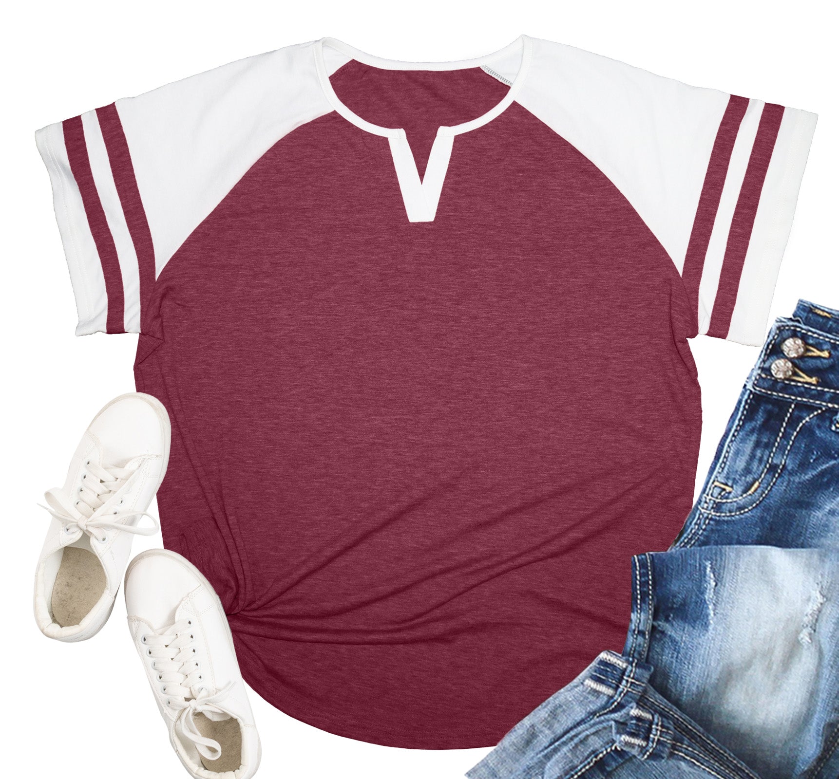 Plus-Size Shirt for Women Summer V Neck T Shirts Raglan Striped Sleeve Tees Color Block Top XL-4XL